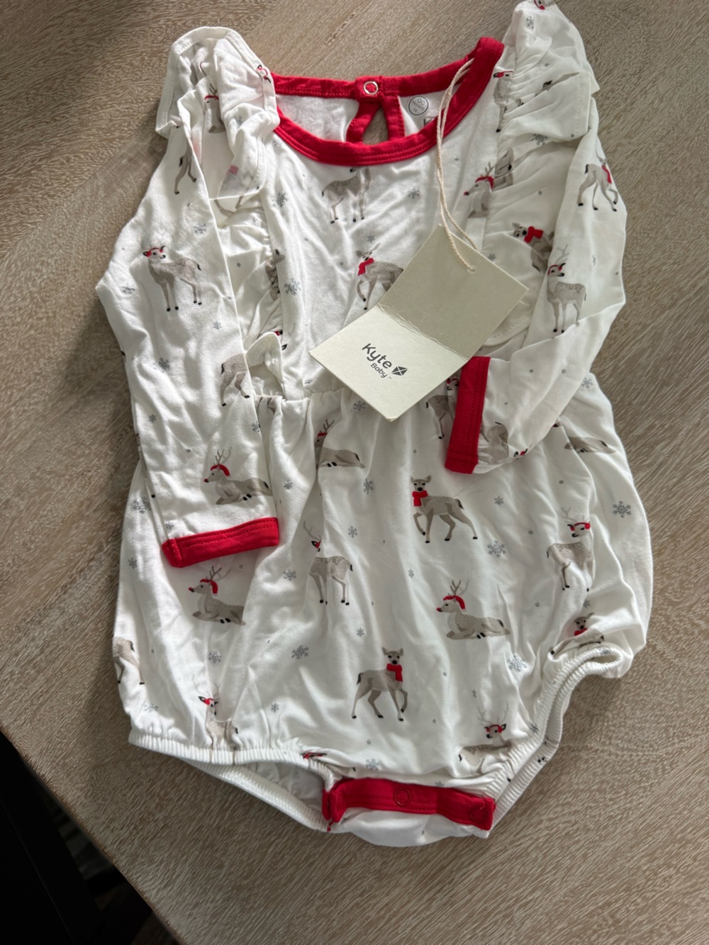 Kyte BABY White Reindeer Print Pajama Romper with Red Trim
